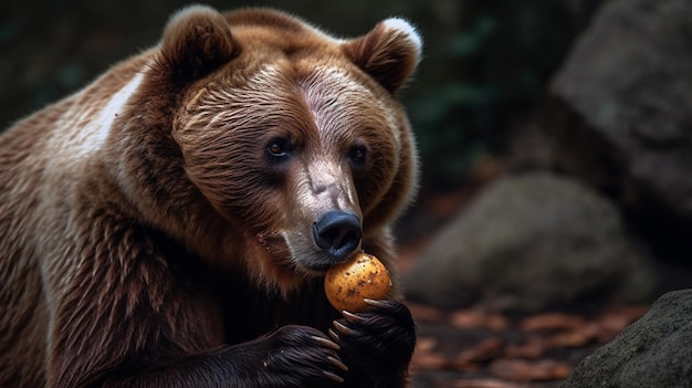 A bear eating a potato in a forest