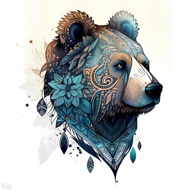 Photo bear face tribal design wild animal head boho style