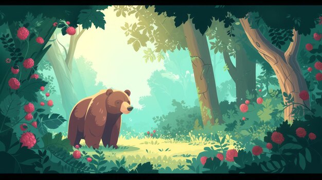 Photo bear in a fairy forest with raspberries illustration