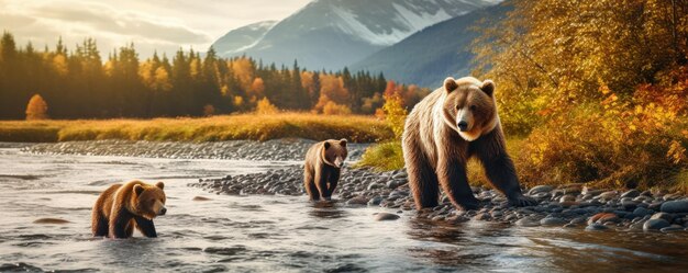 Bear family in Alaska in nature by the water Generative ai