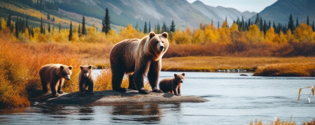 Семья медведей на Аляске на природе у воды Генеративный ИИ