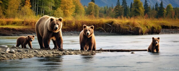 Photo bear family in alaska in nature by the water generative ai