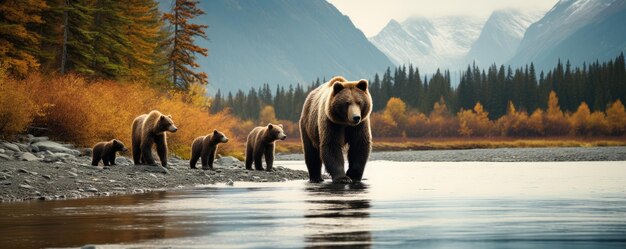 Photo bear family in alaska in nature by the water generative ai