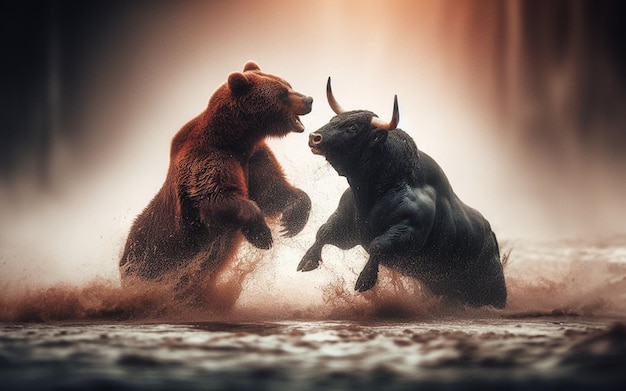 Bear fights with bull The concept of the stock market rise fall Stock price indicators stock trading