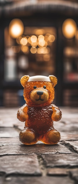 A bear figurine with a hat on it