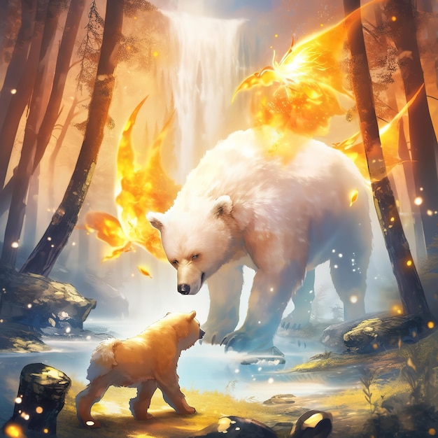 A bear and a fireball are on a poster that says'fire'on it