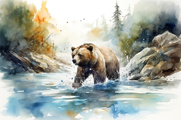 A bear fishing in a river watercolor painting beautiful natural forms crisp clean shapes colorful white background generate ai