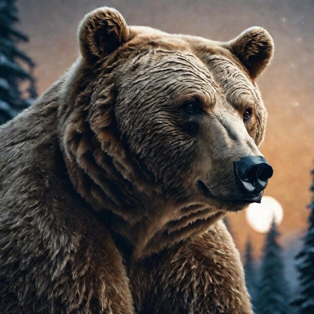 A bear in the forest against the background of the moon