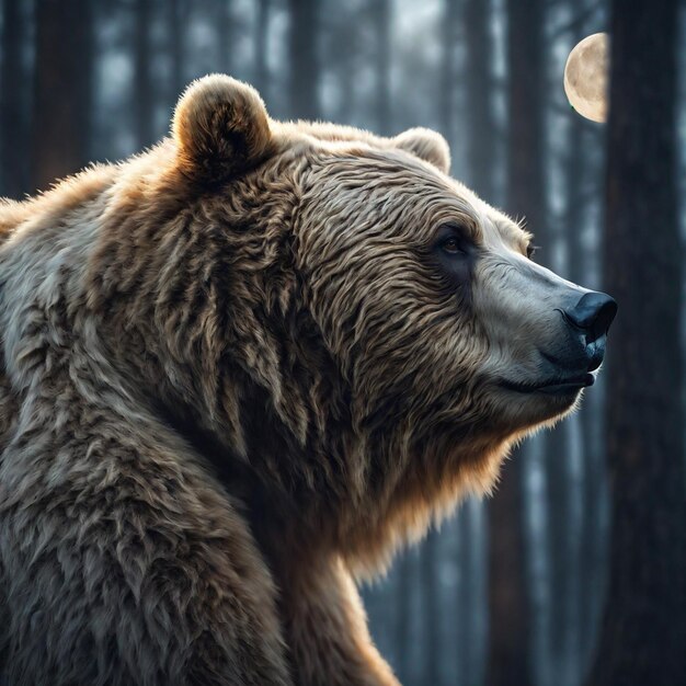 Photo a bear in the forest against the background of the moon