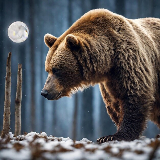 Photo a bear in the forest against the background of the moon