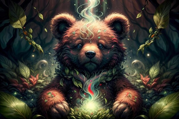 A bear in the forest holds an emerald in his hand