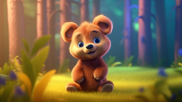 A bear in a forest with a blue nose sits on the grass.