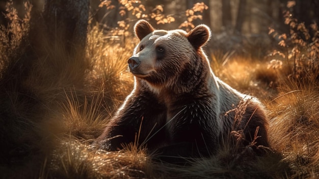 A bear in a forest with a golden glow