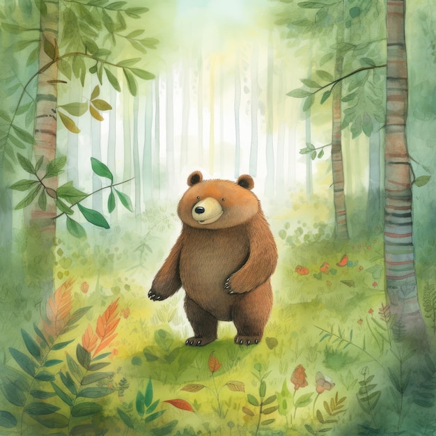 A bear in the forest with leaves on the ground