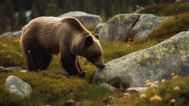 A bear in the forest with a rock on the ground