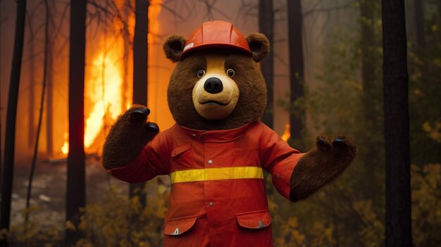 消防士の姿をしたクマが火を消す背景は森の煙 AI で生成