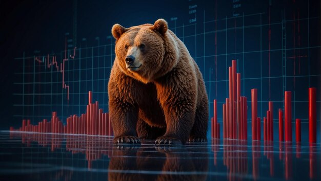 Bear in front of red stock chart