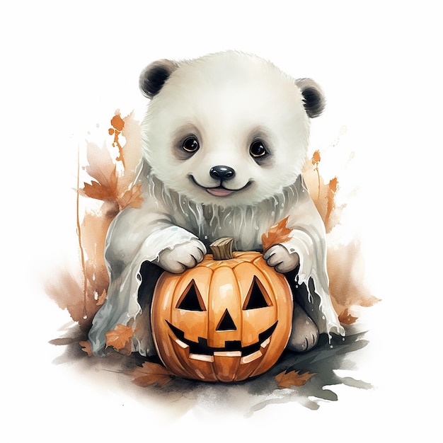 ハロウィーンの衣装を着たクマがパンダと書かれた南瓜を持っています