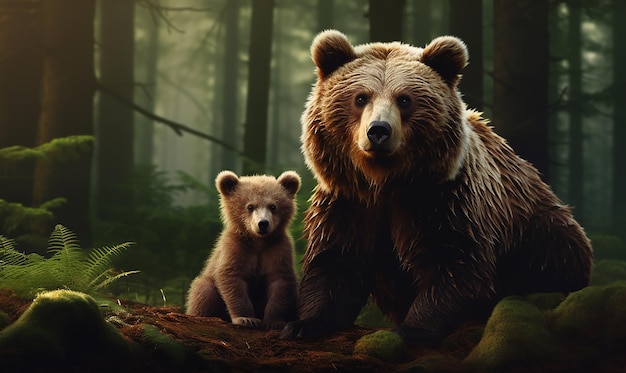 a bear and her cub are in a forest