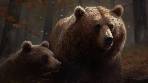 A bear and her cub are in a forest.