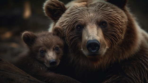 A bear and her cub are in a forest.