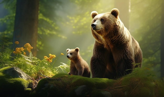 a bear and her cub are in the woods