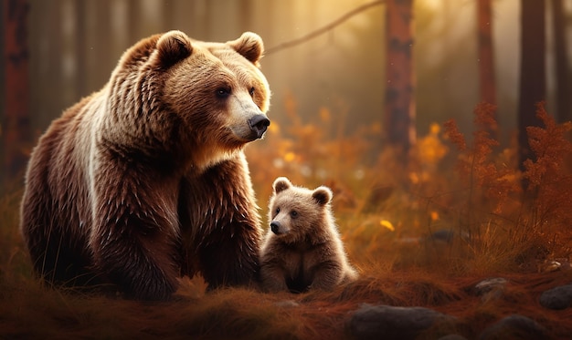 a bear and her cub are in the woods