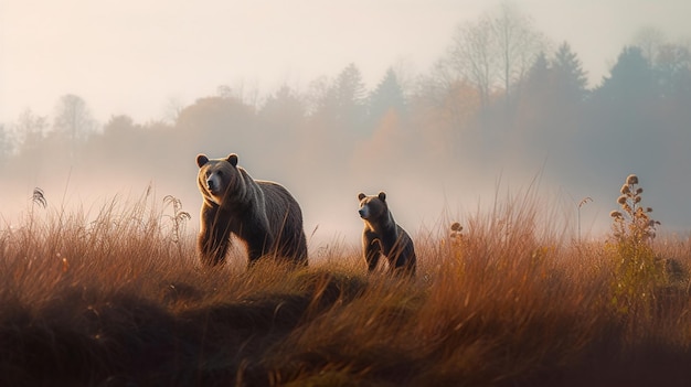 A bear and her cub stand in a field