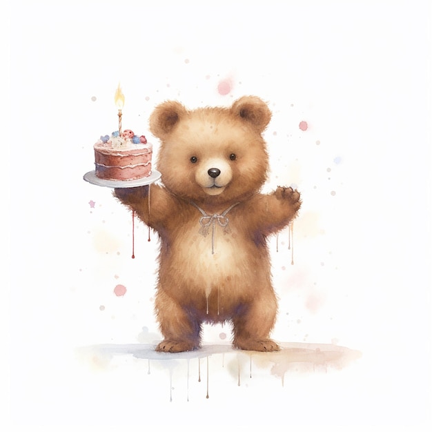 A bear holding a birthday cake with a candle on it