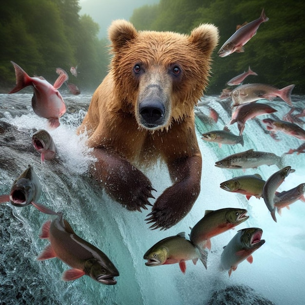 Медведь охотится на лосося вверх по течению в реке