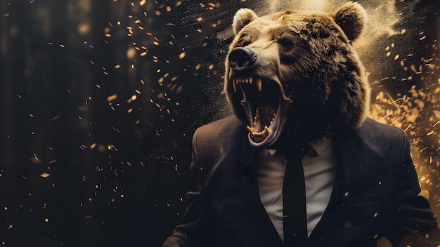 Bear in een pak die zijn dominantie toont Recessie en bearish markt achtergrond