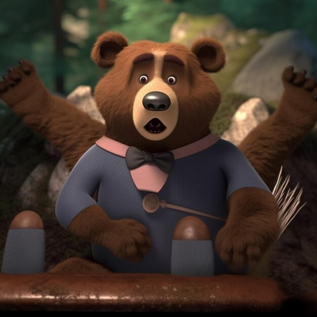 A bear is in a blue shirt and a bow tie.