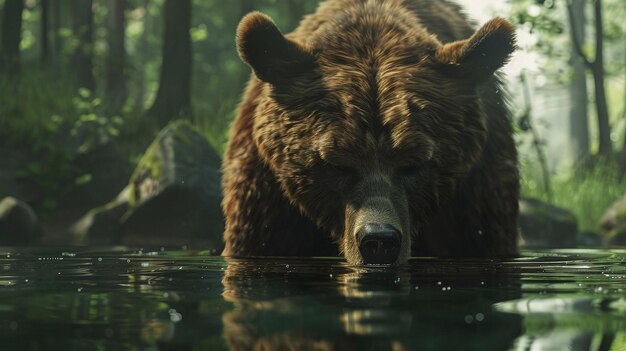 a bear is drinking water from a pond