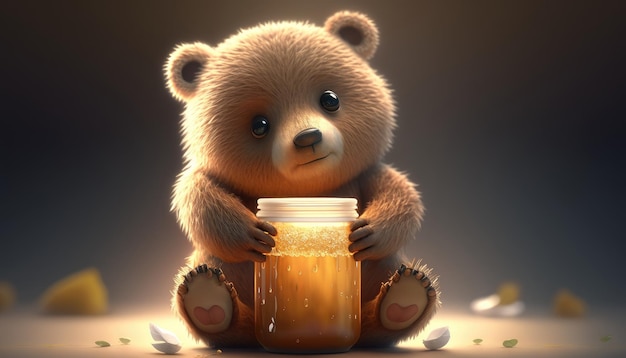 A bear is holding a jar of honey.