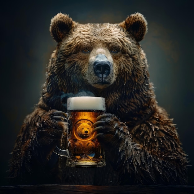 Photo a bear is holding a mug of beer with both paws