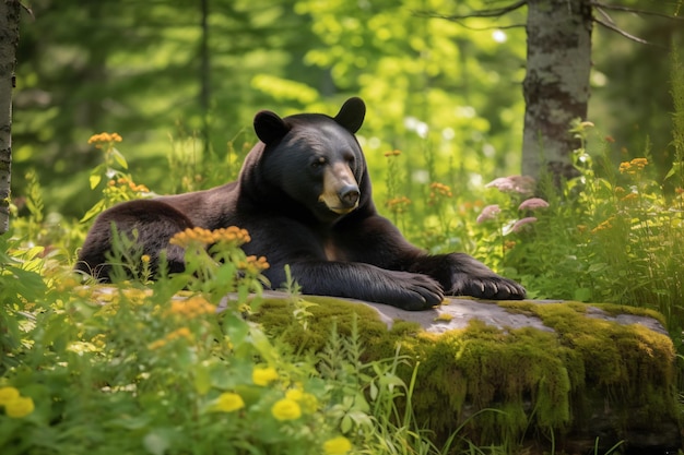 A bear is laying on a rock in the woods.