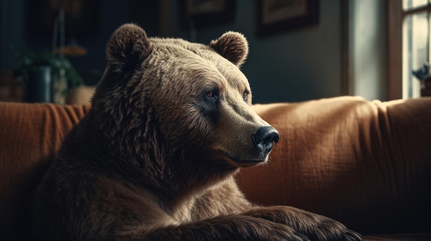 Bear is resting on a sofa in the living room Generative Ai