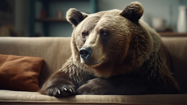 Bear is resting on a sofa in the living room Generative Ai