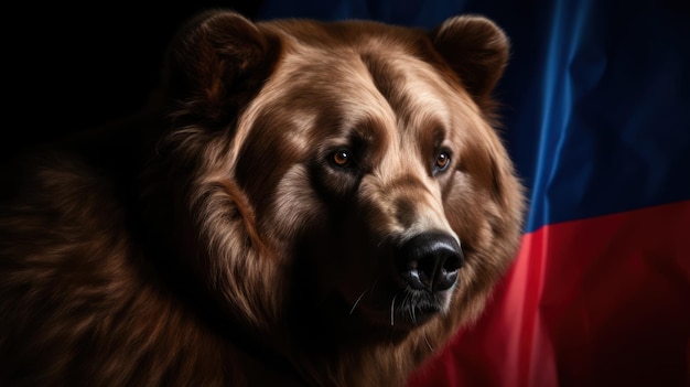 A bear is shown in front of a flag.