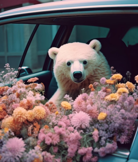 A bear is sitting in a car full of flowers