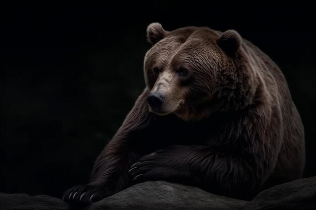 A bear is sitting on a rock in the dark.