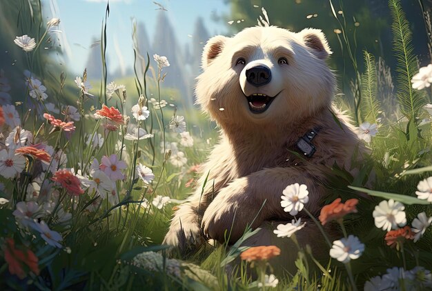 a bear is sitting in some grass and flowers in the style of unreal engine