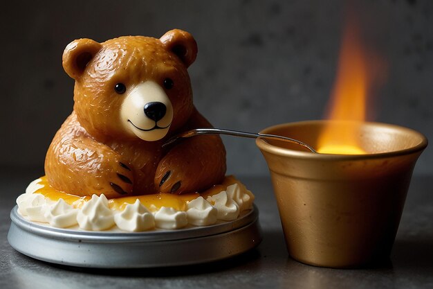 Photo a bear is sitting on a tray with a cup of ice cream next to it