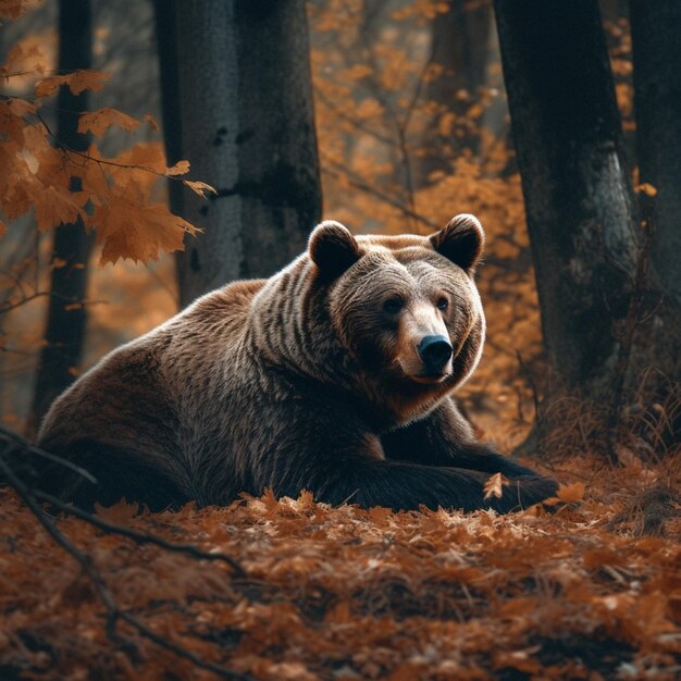 Foto un orso è seduto nel bosco con le foglie a terra.