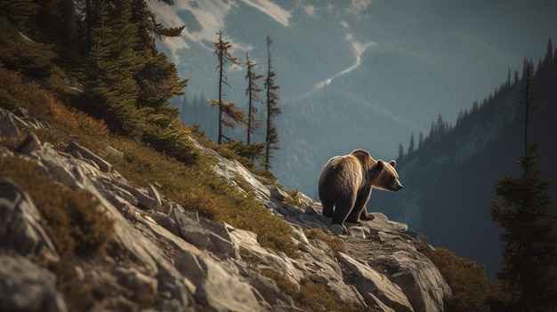 Photo a bear is standing on a cliff in the mountains