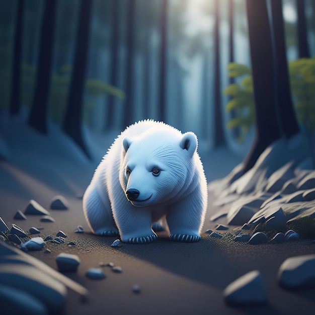 A bear is standing in a forest with rocks and trees.