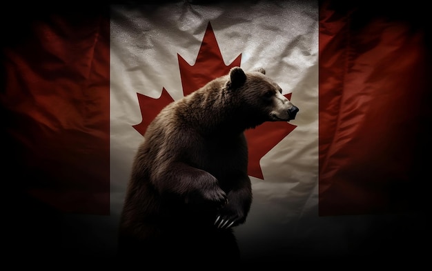 곰이 캐나다 국기 앞에 서 있습니다. 캐나다 데이