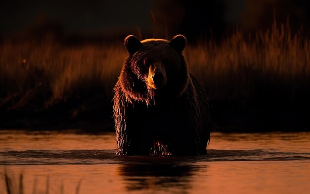 夜にクマが水の中に立っている