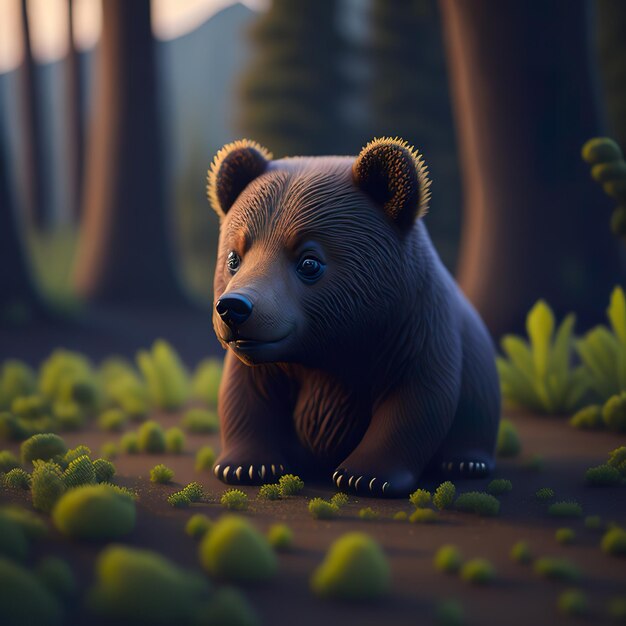 A bear is standing in the woods with a green background.