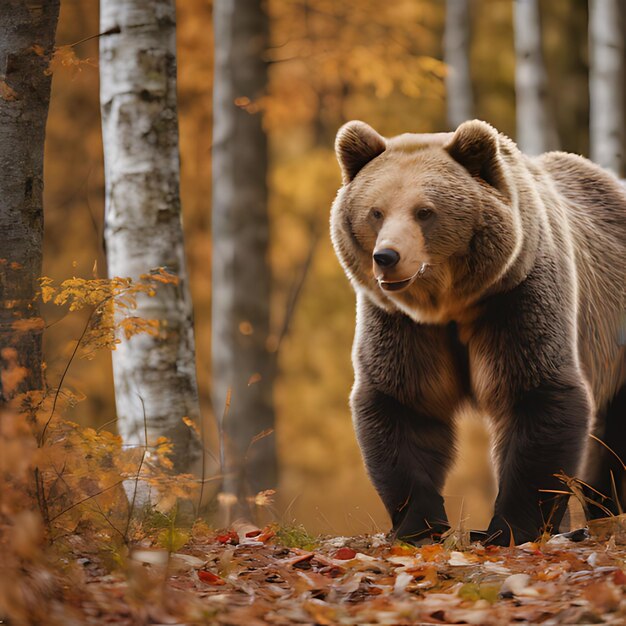 Foto un orso è in piedi nel bosco con le foglie a terra